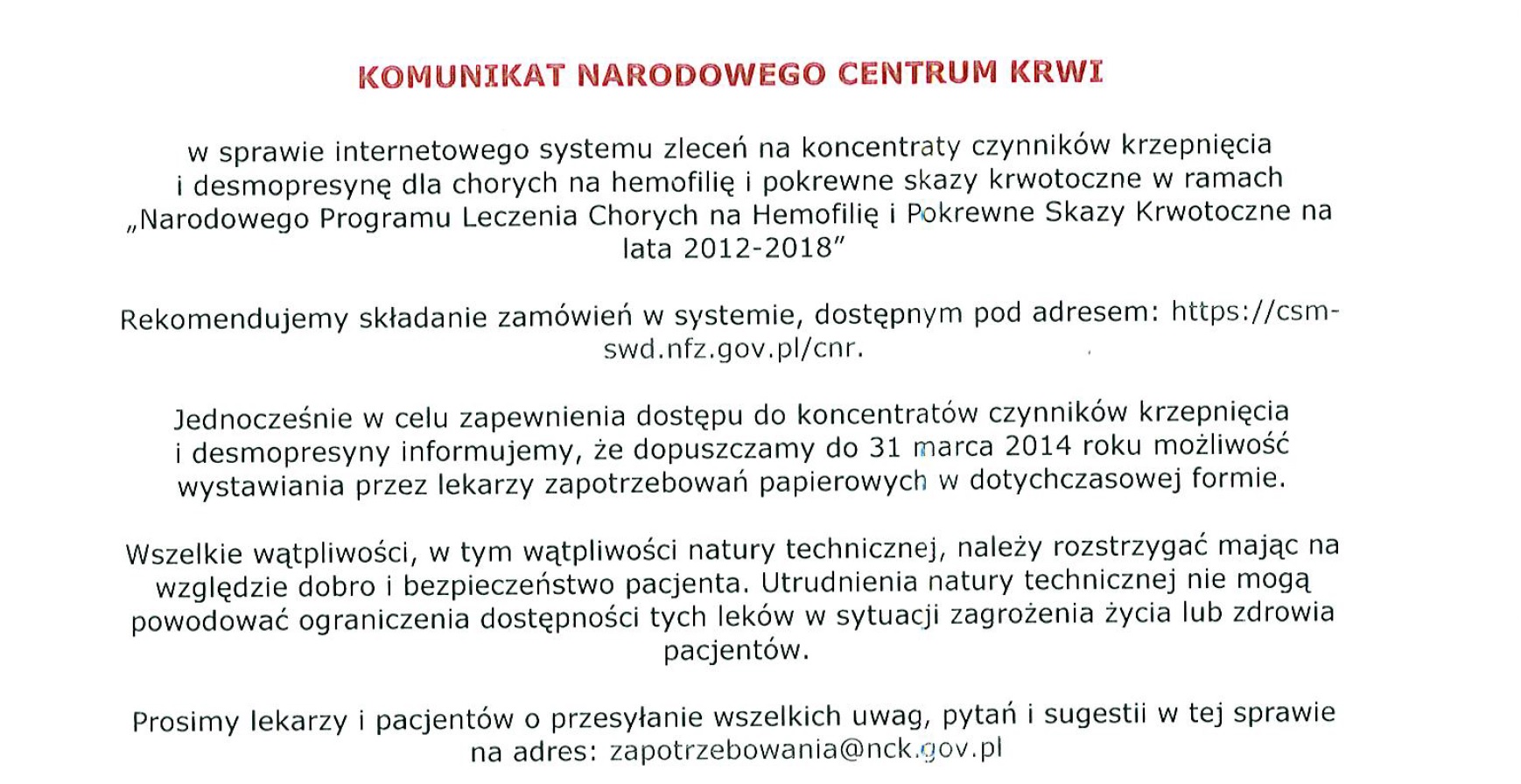 Komunikat NCK 12.2013